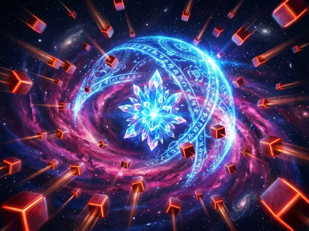 Cena do jogo Cosmic Survival com cristal de energia neon